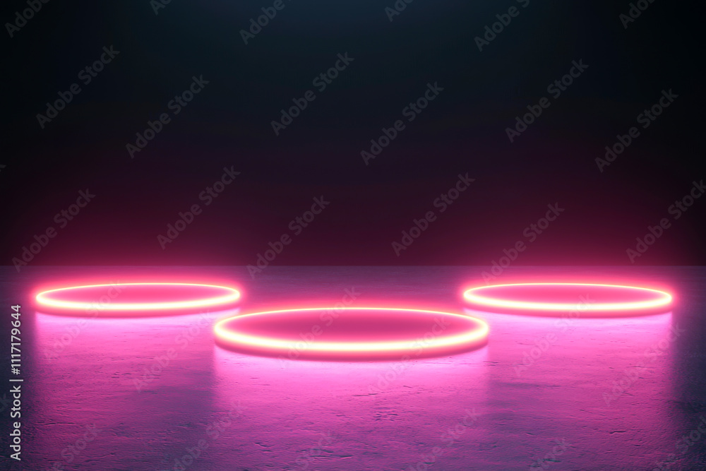 Poster dynamic neon rings on a backdrop create a vibrant visual experience.