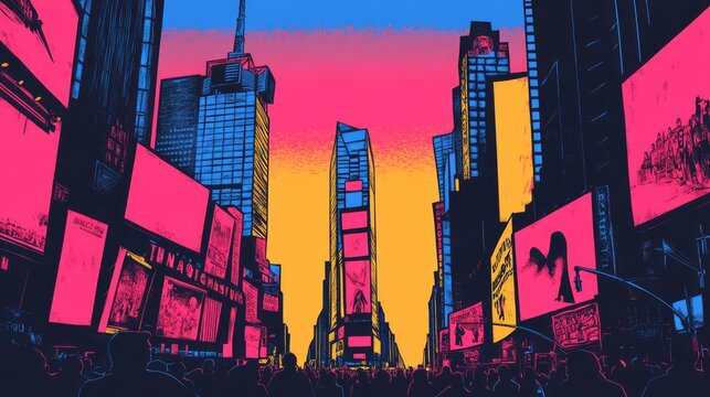 Vibrant Sunset Over Times Square: A Colorful Cityscape with Neon Lights and Crowds Capturing the Essence of New York's Iconic Landmark