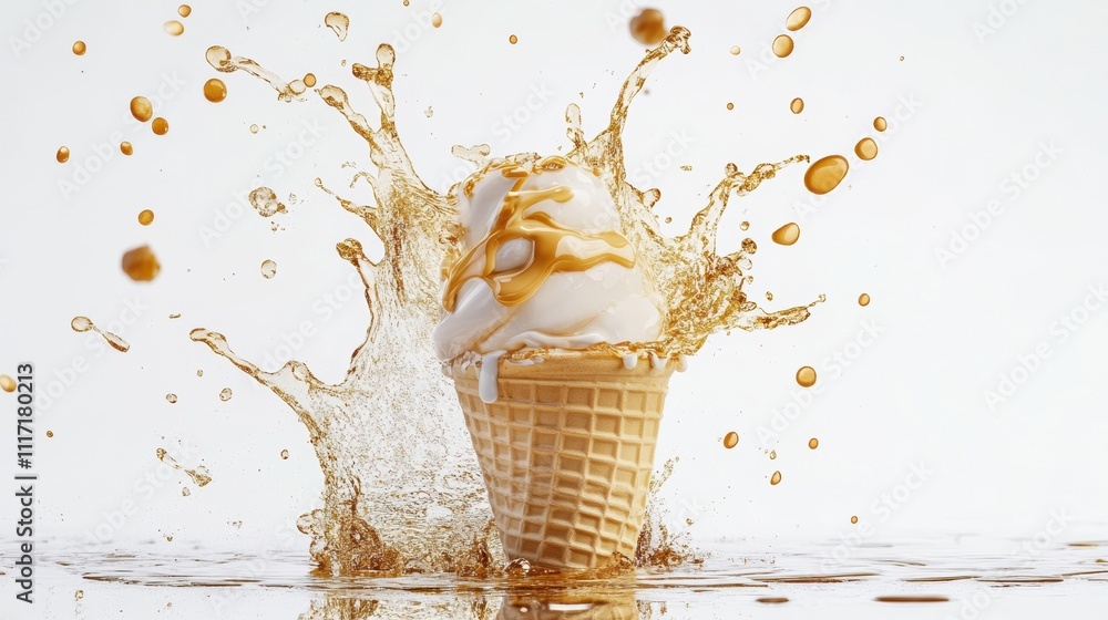 Aufkleber a delicious ice cream cone splashes into liquid, creating an eye-catching display of creamy texture 