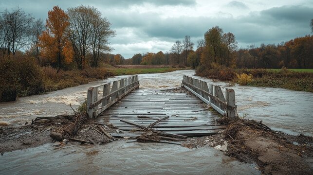 Water engulfs a rustic wooden bridge as a powerful floodcourse disrupts the peaceful rural setting. Autumn foliage adds color to this dramatic natural event under a moody sky