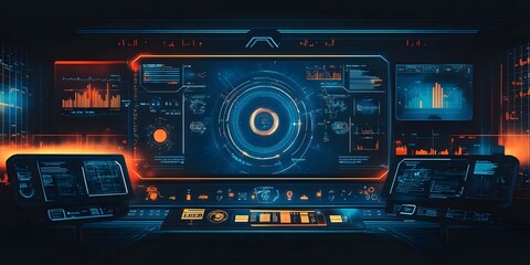 Fototapeta premium Futuristic control panel displaying data analytics and monitoring systems.