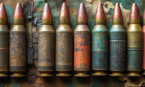 A row of vintage bullets with varied colors and textures.