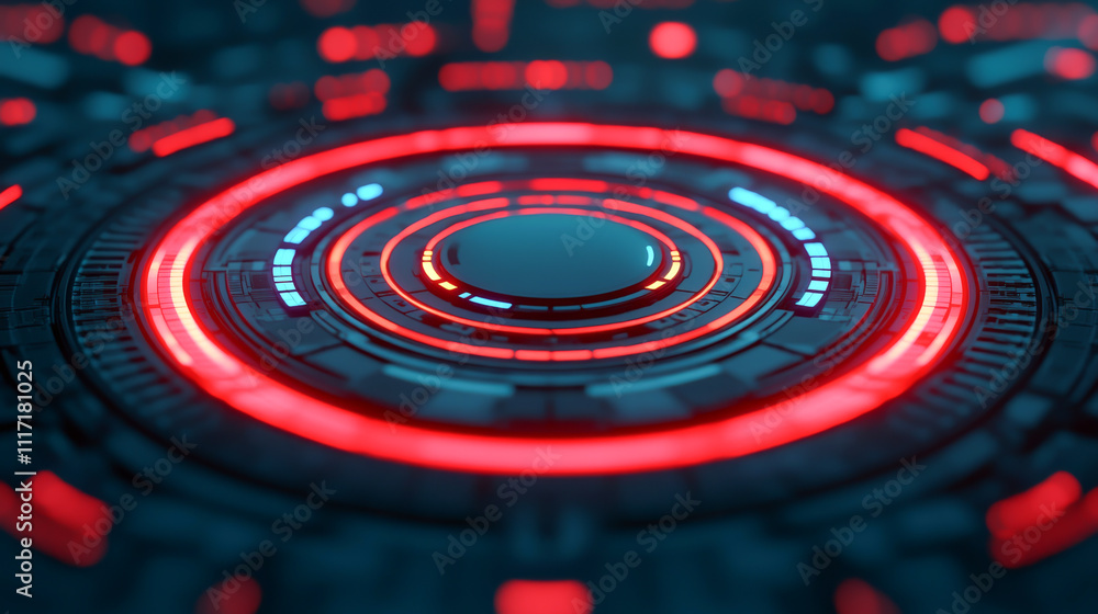 Poster futuristic circular interface with glowing elements and vibrant colors.