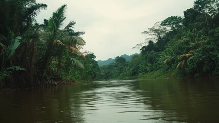 Tranquil River Scene Surrounded by Lush Greenery and Tropical Flora Under a Cloudy Sky in a Remote Wilderness Area
