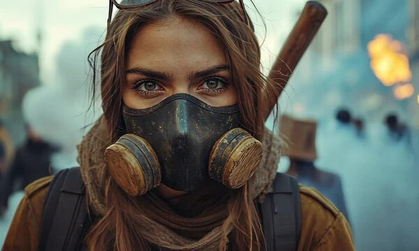 A woman wearing a gas mask in a smoky, urban environment.