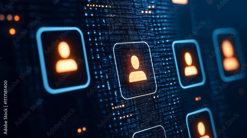 Poster futuristic digital interface with user icons and glowing elements on a dark background.