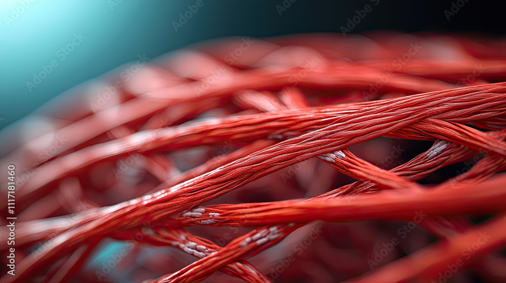 Poster close-up of intricate red wire mesh, showcasing texture and depth in technology.