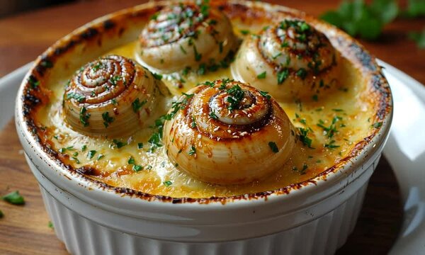 Baked dish featuring large, spiraled escargots with herbs.