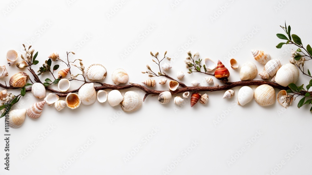 Poster a beautiful arrangement of various seashells and natural elements displayed along a branch, creating