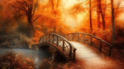 Enchanting Autumn Scene Featuring a Charming Wooden Bridge Surrounded by Vibrant Orange Foliage and a Serene Water Reflection in a Tranquil Forest Setting