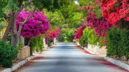 Fototapeta premium Serene Tree-Lined Street with Vibrant Bougainvillea Blooms
