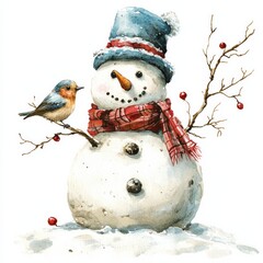 Watercolor painting of a snowman with a bird perched on its hat, on isolated white background