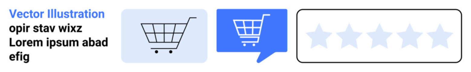 Shopping cart icons, blue chat bubble with a cart, and a five-star rating system in blue and white. Ideal for e-commerce, online shopping, customer reviews, digital marketing, user experience