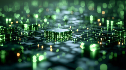 Futuristic green circuit board with glowing lights and intricate patterns.