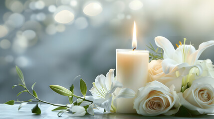A candle is lit on a table with white flowers. The candle is surrounded by green leaves and the flowers are white. Concept of calm and serenity