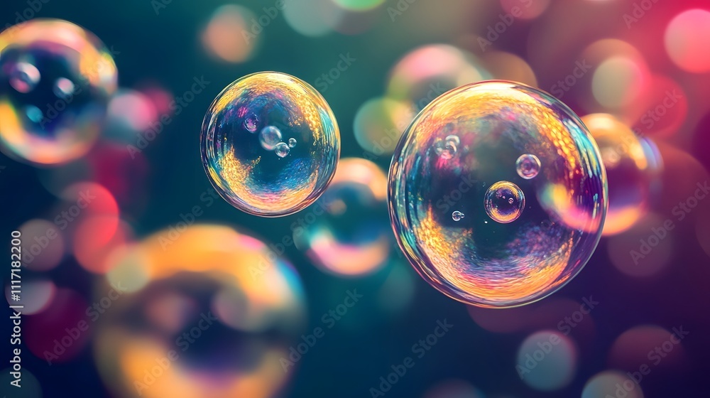 Poster colorful soap bubbles floating in air with bokeh background.