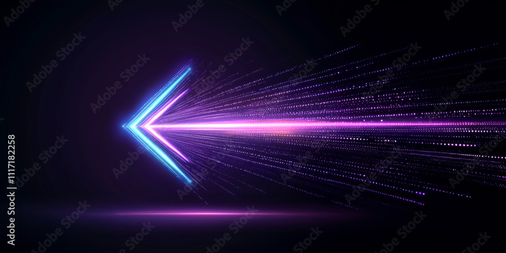 Poster futuristic neon arrow design with trailing light effect on dark background.