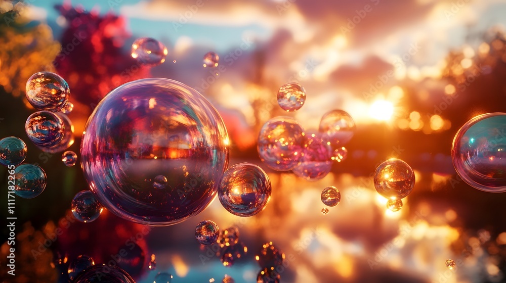 Poster sunset reflected in floating iridescent bubbles.