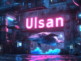 Ulsan neon text with Futuristic Factory Coexists with Giant Blue Whale in Purple-Lit Scene
