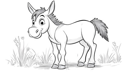 Charming donkey coloring page, playful book drawing farm animal, engaging education doodle outline illustration, cute preschool kindergarten, cartoon wildlife funny.