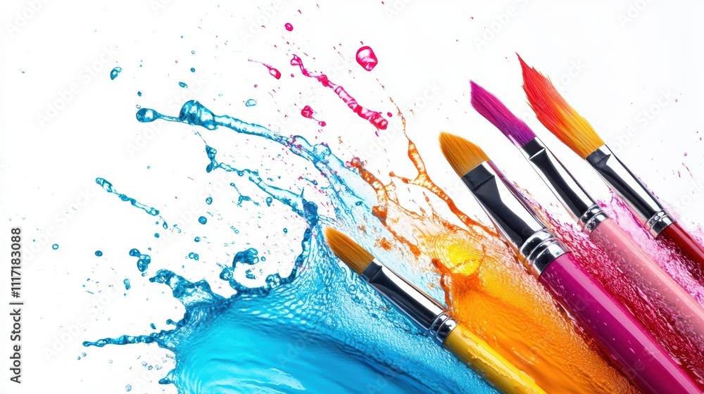 Poster vibrant paintbrushes create a splash of color, showcasing artistic creativity and dynamic energy in 