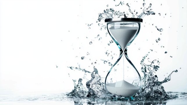 A stunning hourglass surrounded by splashing water, symbolizing the passage of time and fluidity in a serene, minimalist setting.