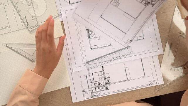 Video of clever architect or engineer using measurement tool and pencil compare a hand draft detail blueprint for construction accuracy at architectural office. Focus on hand. Closeup. Delineation.