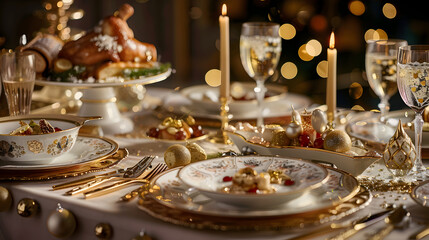 A table with a lot of gold and silverware and a lot of food. The table is set for a fancy dinner