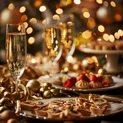 A table with a variety of desserts and a glass of champagne. The table is set for a special occasion, and the desserts are arranged in a visually appealing manner