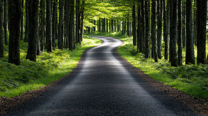 Fototapeta premium Serene winding road through lush green trees creates a peaceful nature escape.