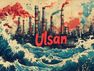 Stylized Factory Complex by the Sea - Vintage-Inspired Poster of Ulsan Cityscape