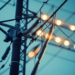 Close-up of electrical insulators on a power transmission tower at dusk.