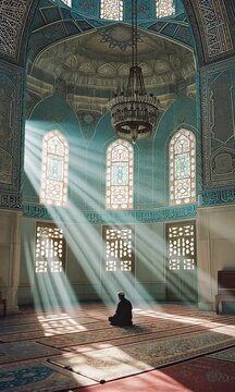 Homme priant seul dans une mosqu&eacute;e illumin&eacute;e par des rayons de lumi&egrave;re, ambiance spirituelle et paisible, c&eacute;l&eacute;bration du Ramadan et recueillement religieux.