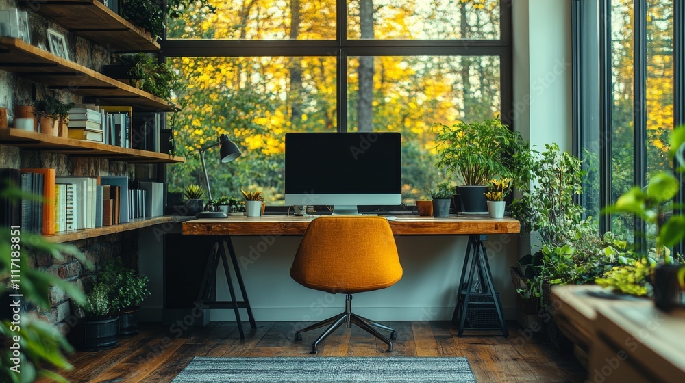 Aufkleber This home office features a wooden desk with an empty computer monitor, complemented by various potted plants, bathed in warm autumn light.