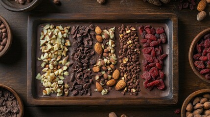 Delicious Arrangement of Nuts and Chocolate on Wooden Tray