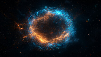 Fototapeta premium Cosmic Energy Ring: A mesmerizing cosmic ring of swirling energy, pulsing with a vibrant mix of blue and orange light. The ring radiates in a deep, starry expanse.