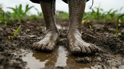 Fototapeta premium Feet in Muddy Soil at Agricultural Field During Rainy Season
