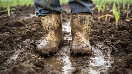 Muddy Rubber Boots in Agricultural Field During Rainy Season