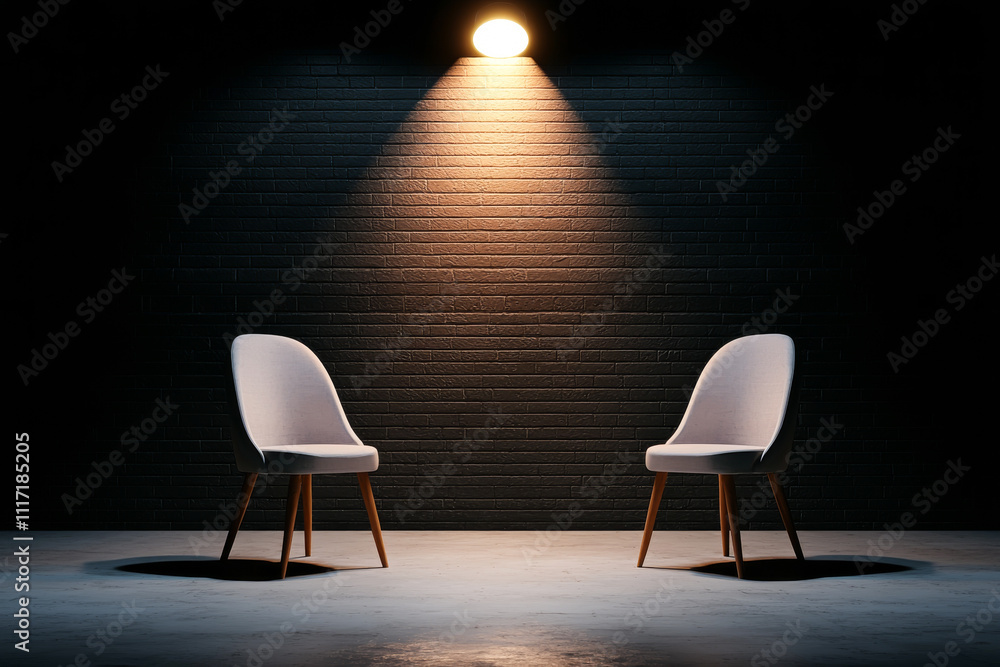 Poster minimalist chairs under a spotlight creating a calm and inviting atmosphere.