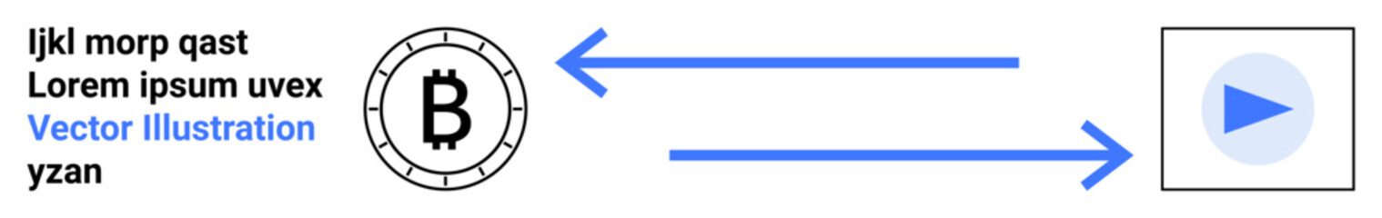 Bitcoin symbol in a circle with blue arrows pointing to a blue play button. Ideal for cryptocurrency, blockchain, digital transactions, financial technology, investment, digital wallet, fintech