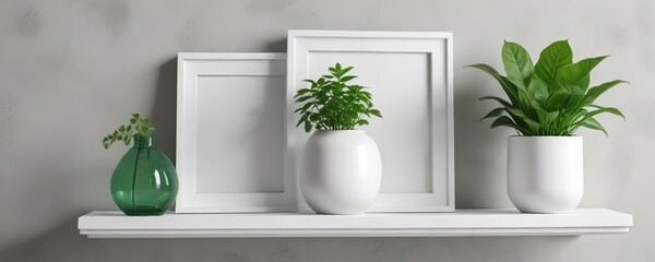 Fototapeta premium Minimalist white picture frame mockup on floating shelf with green plant and glass vases, serenity, clean lines, tranquil, zen
