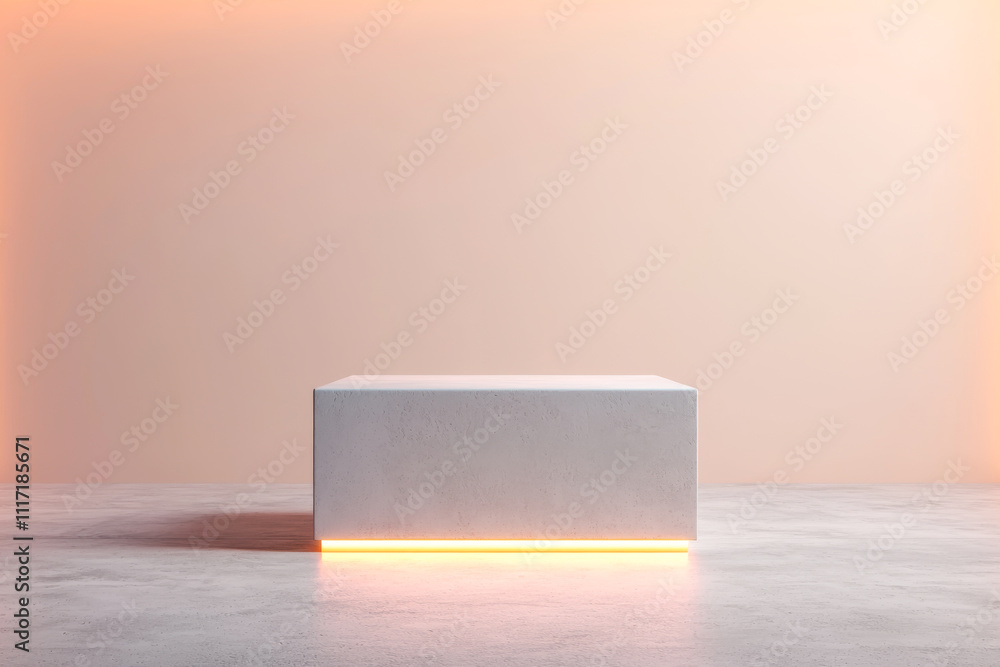 Poster minimalistic white display box with warm backlight on a smooth concrete surface.
