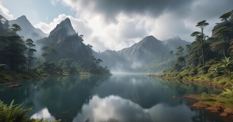 Fototapeta premium Misty cloud forest with a volcanic lake in the foreground, tropical environment, scenery, lake