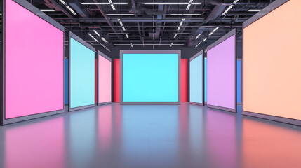Modern exhibition space featuring vibrant, colorful digital screens and sleek design.
