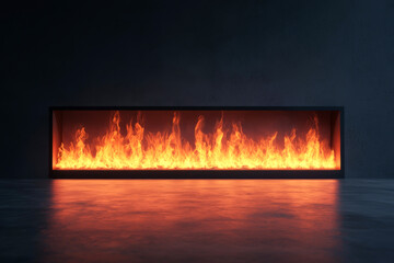 Modern decorative fireplace with vibrant flames against a dark background.