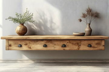Rustic wooden floating shelf with vases and plants against a white wall.