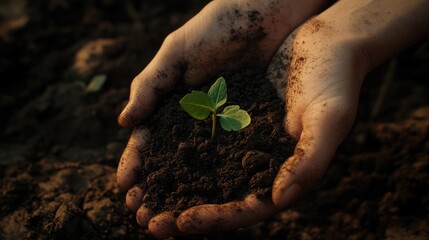 Hands Holding Soil With Small Green Plant Growing in Nature
