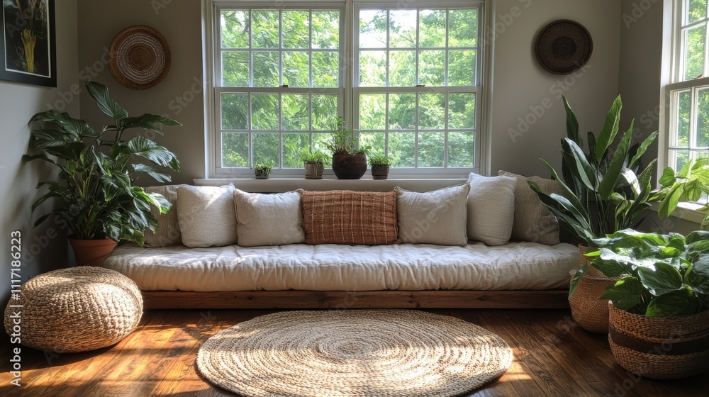 Aufkleber a warm and inviting living space showcases a plush sofa adorned with soft pillows, complemented by l