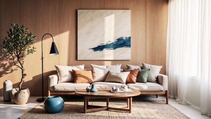 Generative AI, Modern cozy living room with warm wood paneling and natural accents