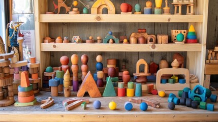 Colorful Wooden Toys and Blocks on a Display Shelf in a Playroom